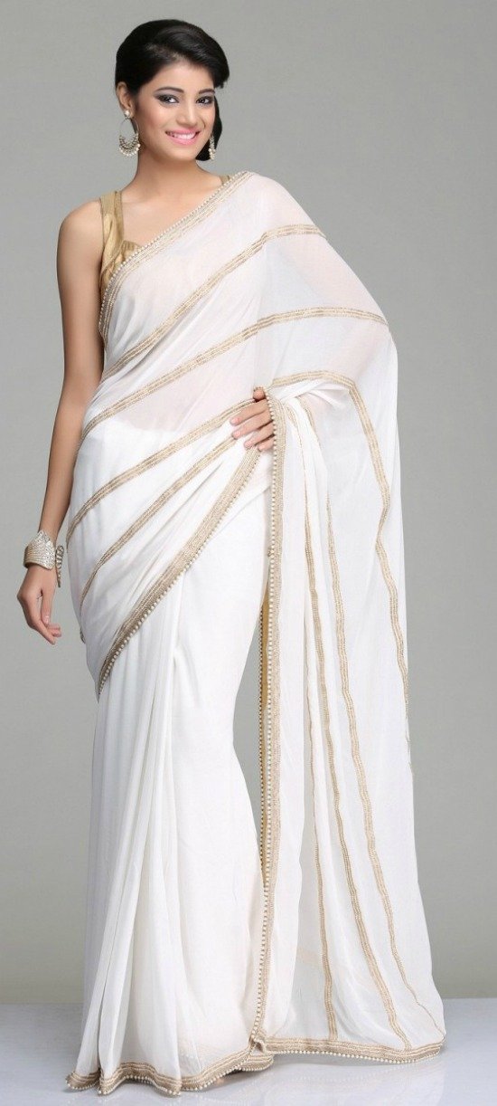 20 + White And Golden Border Designer Saree Collections