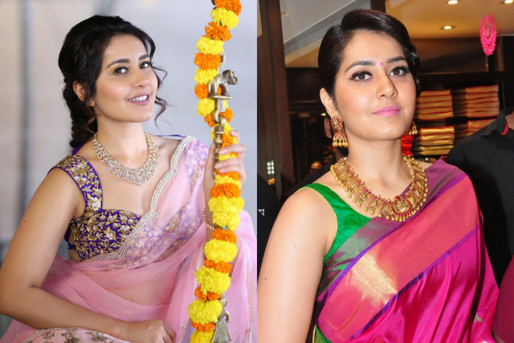 Rashi Khanna Images In Sarees With Neck Blouse Designs