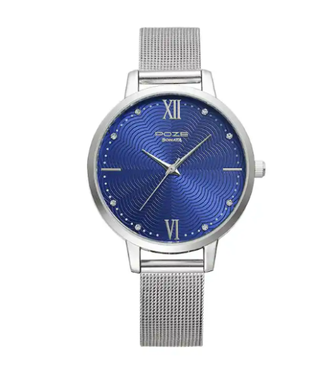 Elegant blue dial stainless steel strap watch worn on wrist.