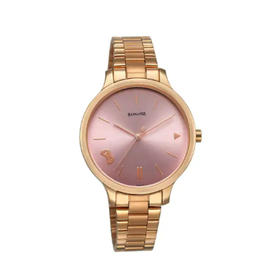 Play Pink Dial Watch for Women with trendy strap worn on wrist.
