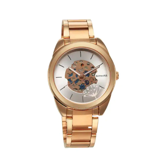 Elegant silver dial stainless steel strap watch for women worn on wrist.