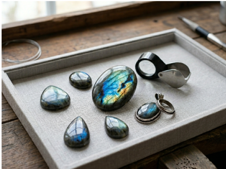 Labradorite cabochon gemstone displaying vibrant blue flash and natural iridescence for jewelry making and crystal collections