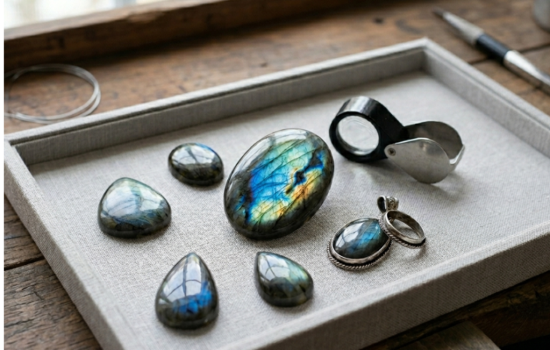 Labradorite cabochon gemstone displaying vibrant blue flash and natural iridescence for jewelry making and crystal collections